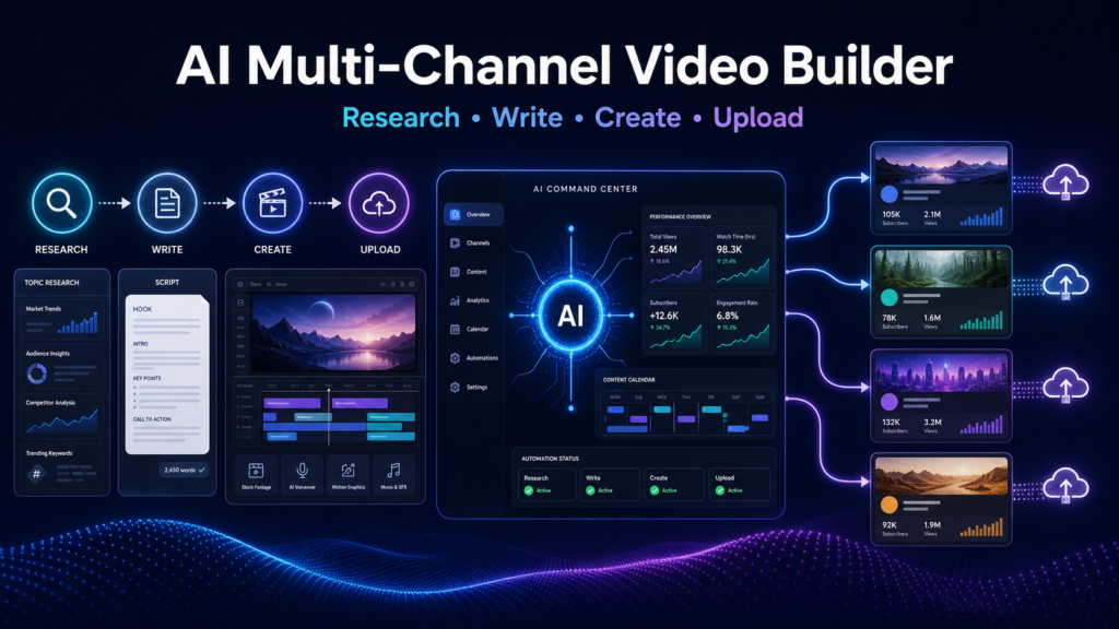 AI YouTube Multi Channel Builder: An App That RESEARCHES, WRITES, CREATES & UPLOADS Your Videos